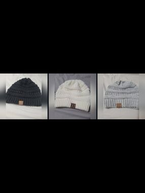 CC Boutique Triple-Pack Ribbed Knit Beanie Set in Black, White, Light Gray